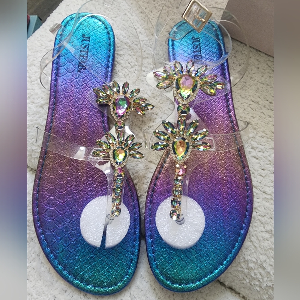 Iridescent Jewel-Embellished Sandals With Clear Straps.